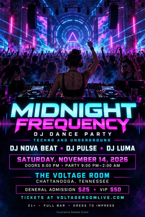 A vibrant neon flyer for a DJ dance party featuring a female DJ from behind, facing a large cheering crowd in a club with cyan and magenta laser lights. Bold text displays event details.