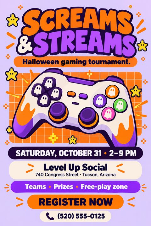 A playful Halloween flyer featuring a large cartoon video game controller with ghost icons on the buttons. The text "Screams & Streams" is in bubbly orange and purple letters.