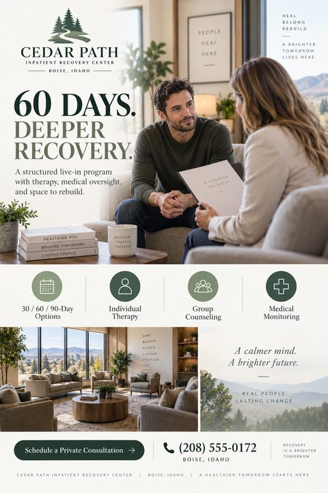 A serene flyer for an inpatient recovery center featuring a photo of a man in a therapy session, a comfortable lounge area, and a misty mountain landscape. Earthy green and beige tones dominate.
