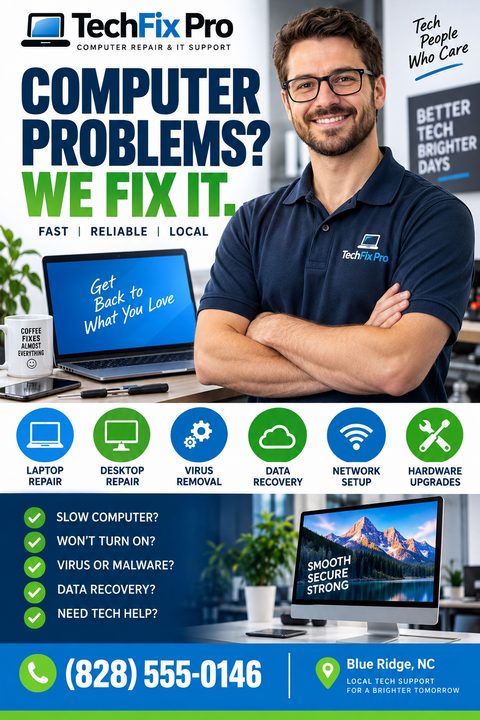 Computer repair flyer template with a smiling technician in a blue polo shirt. Text reads 'Computer Problems? We Fix It.' Includes icons for laptop repair, desktop repair, virus removal, data recovery, network setup, and hardware upgrades. A.