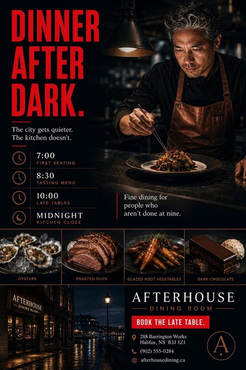 A dark, moody restaurant flyer with bold red 'Dinner After Dark' text. It features a chef plating food, a schedule of seating times, four small food photos, and a nighttime exterior shot.