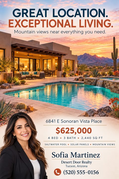 Real estate flyer featuring a large photo of a modern desert home with a pool at sunset. Below, a female agent's headshot is next to property details, price, and contact information.