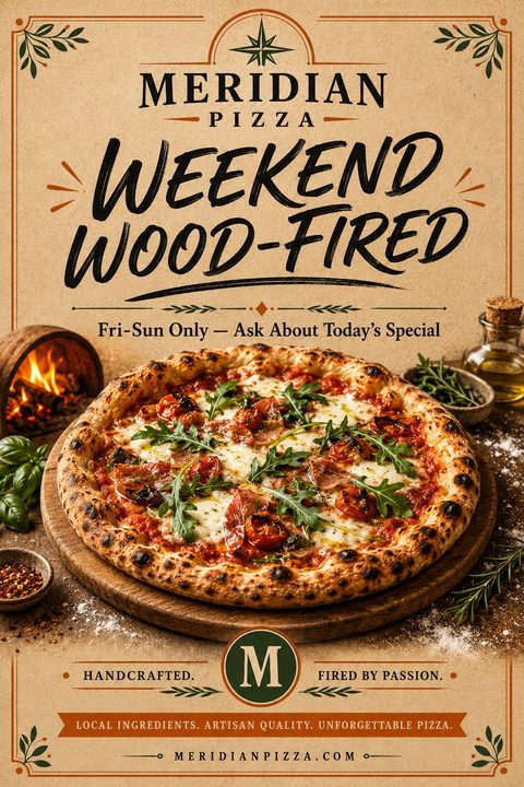A rustic pizza flyer on a kraft paper background featuring a large, appetizing wood-fired pizza topped with prosciutto and arugula, surrounded by vintage typography and borders.