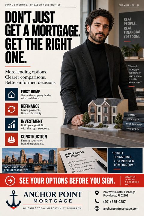 A professional mortgage broker flyer featuring a large photo of a man with a model house, bold headline text, service icons for first home and refinance, and smaller photos of a city and documents.
