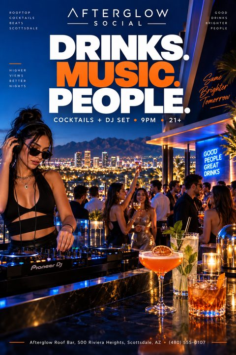 Flyer for a rooftop bar event featuring a female DJ playing music with a city skyline at night in the background. Bold text reads 'Drinks. Music. People.'