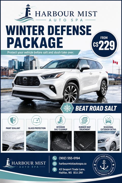 Flyer for Harbour Mist Auto Spa advertising a Winter Defense Package starting at C$229. Shows a white SUV parked by a harbor, with smaller photos detailing paint sealant, glass protection, and interior cleanup.