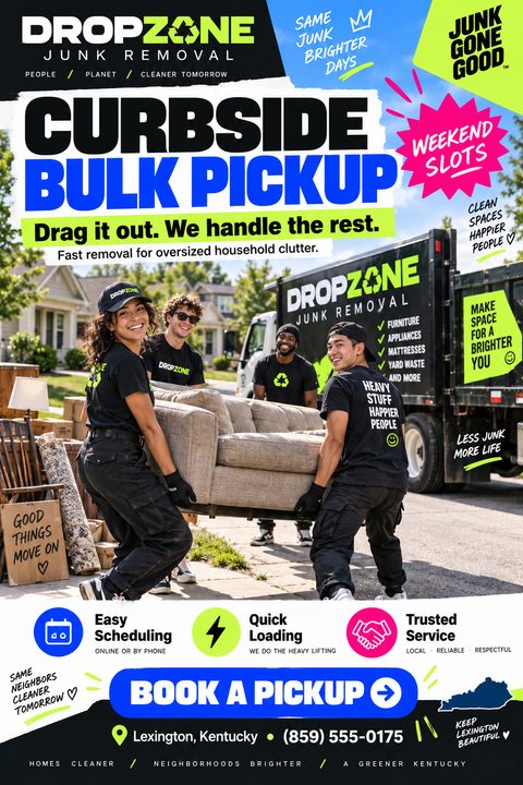 A bold junk removal flyer featuring a team lifting a couch into a truck. It uses bright blue, green, and pink accents with clear icons for scheduling, loading, and trusted service.