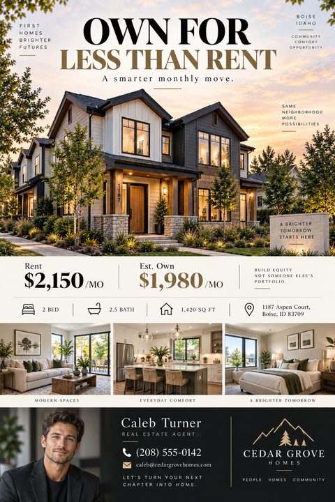 A real estate flyer titled 'Own for less than rent' featuring a modern two-story house at sunset, rent versus own cost comparisons, three interior photos, and a real estate agent's contact information.