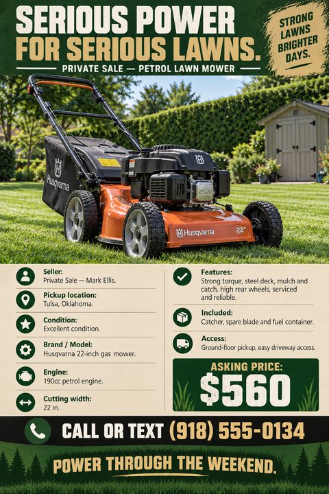 Flyer for a private sale of a lawn mower. Top half features a large photo of an orange gas mower on a lawn. Bottom half lists specifications like condition, brand, engine, and features, with a large asking price of $560 and a phone number.