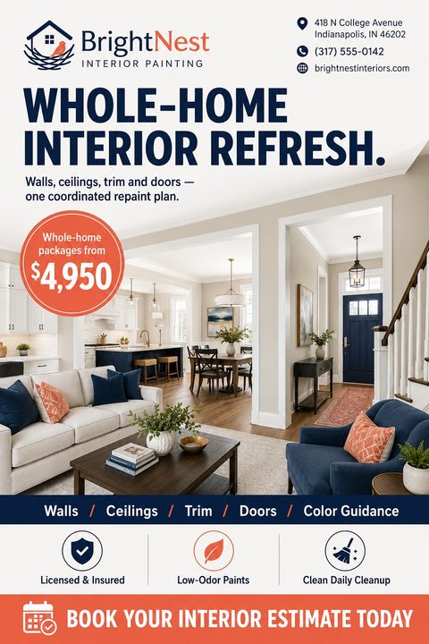 A modern interior painting flyer featuring a large photo of a beautifully painted living room, bold navy headlines, a coral pricing badge, and service icons for licensed painters.