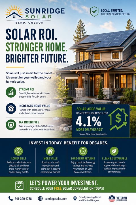 A flyer for Sunridge Solar titled 'Solar ROI. Stronger Home. Brighter Future.' featuring a large photo of a modern house with solar panels on the roof. The flyer highlights benefits like strong ROI, increased home value, and tax incentives, with a.