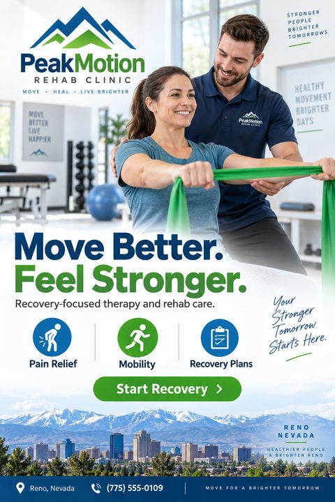 A physical therapy flyer featuring a therapist assisting a patient with a resistance band. It includes a mountain logo, blue and green text, service icons, and a city skyline with mountains at the bottom.