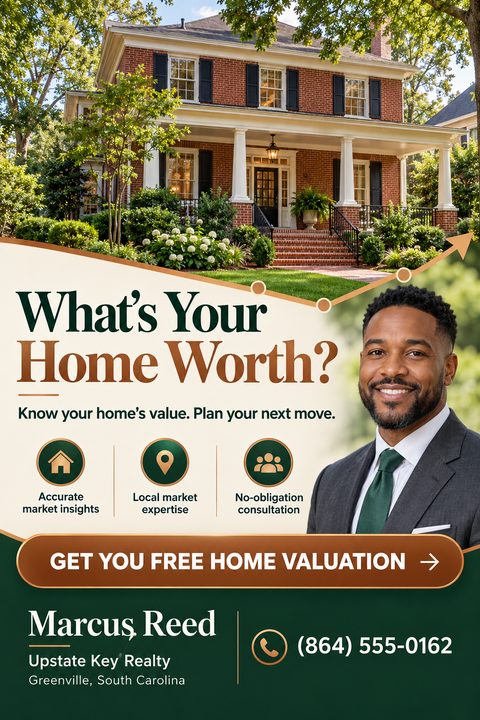 A real estate flyer featuring a large brick house photo. A curved beige section asks "What's Your Home Worth?" beside an agent's headshot. A dark green footer displays the agent's name and phone number.