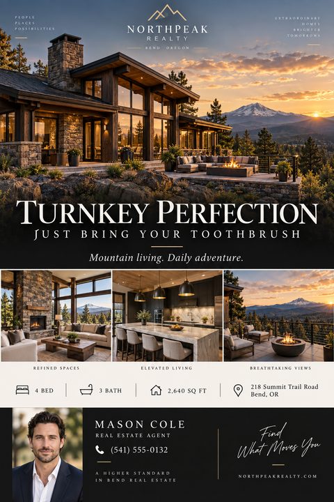 A real estate flyer for a luxury mountain home. The top half features a large photo of a modern house with a mountain view at sunset. Below are three smaller photos showing the living room, kitchen, and patio. The bottom section includes property.