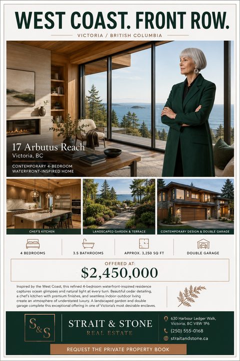 A real estate flyer for a luxury property in Victoria, BC. The flyer features a large photo of a woman standing in a modern living room with a waterfront view, along with smaller photos of the kitchen, garden, and exterior. It includes property.