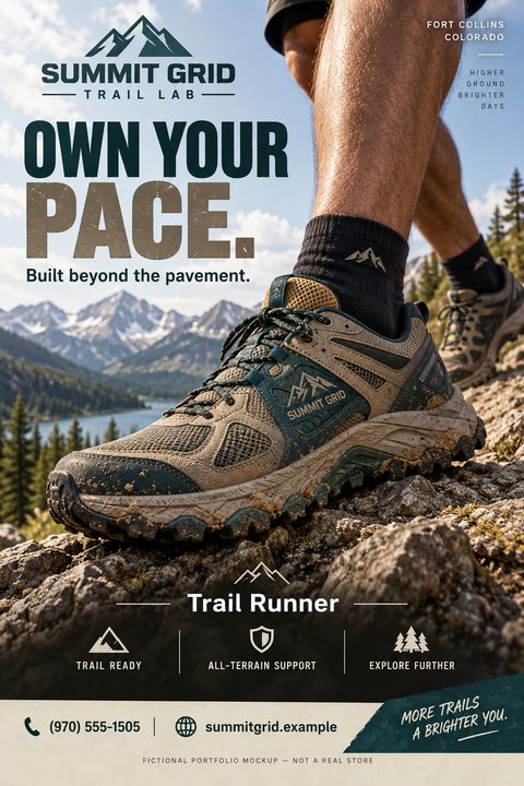 A person wearing trail running shoes stands on a rocky surface with mountains and a lake in the background. Text reads 'Own Your Pace. Built beyond the pavement.'