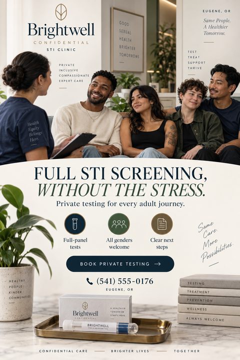Flyer for Brightwell Confidential STI Clinic. Top half shows a healthcare worker talking to two smiling couples in a modern waiting room. Bottom half has text 'Full STI Screening, Without the Stress' with icons for full-panel tests, all genders.