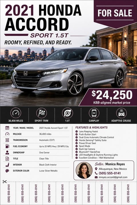 A car for sale flyer featuring a large silver sedan, price tag, key specs with icons, detailed features list, seller photo, and tear-off phone number tabs at the bottom.