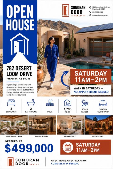 Real estate open house flyer template with a large photo of a woman walking by a pool, four smaller interior photos, property details, and a blue and rust color scheme.