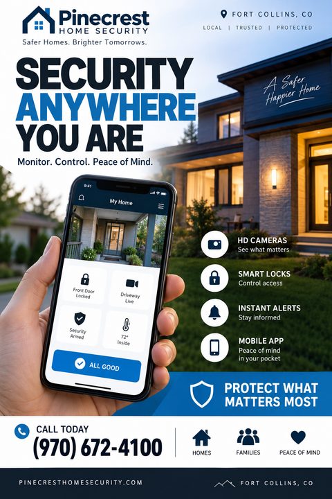 A flyer for Pinecrest Home Security with the headline 'Security Anywhere You Are'. A hand holds a smartphone showing a home security app interface, with a modern house in the background.