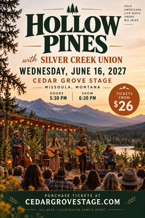 A rustic concert flyer featuring a live folk band playing on an outdoor wooden stage at sunset, with mountains and a river in the background. Text is in dark green and burnt orange.