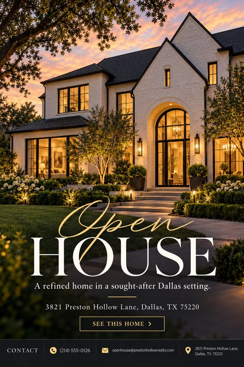 A luxury real estate open house flyer featuring a large white brick home at twilight. Elegant typography reads 'Open HOUSE' with gold script and white serif letters over a dark background.