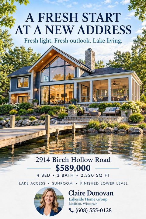 A real estate listing flyer featuring a large photo of a modern lakefront home with a dock, followed by property details, price, and a real estate agent's headshot and contact information.