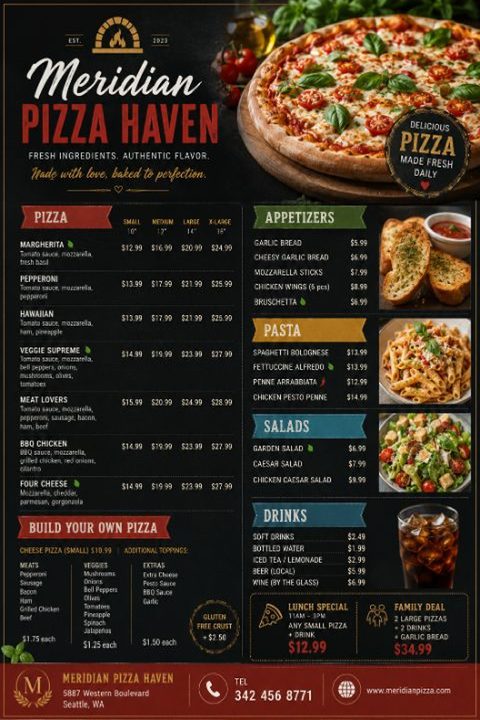 A dark slate pizza menu flyer with a large pizza photo at the top, colorful ribbon section headers, smaller food photos, and a red footer with contact details.