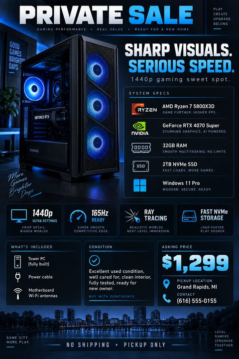 A dark, high-tech flyer for a private sale of a gaming PC. It features a photo of a glowing blue computer tower, detailed system specs, condition, and an asking price of $1,299.