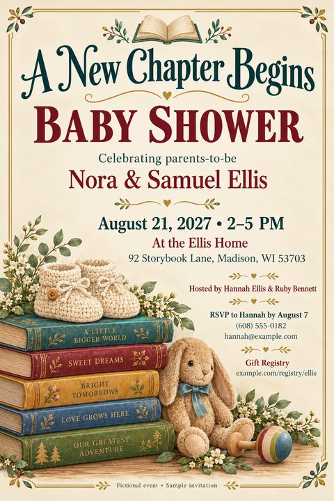 Baby shower invitation flyer with a vintage storybook theme. Features a stack of colorful books with titles like 'Sweet Dreams' and 'Love Grows Here', topped with crocheted baby booties. A plush bunny sits next to the books.