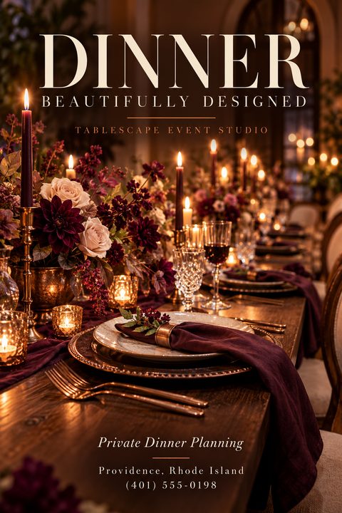 A luxurious flyer featuring a long wooden dining table set for a formal dinner. It includes lit candles, crystal glasses, burgundy napkins, and rich floral centerpieces in cream and deep red.