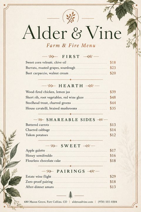 A restaurant menu titled 'Alder & Vine Farm & Fire Menu' with sections for First, Hearth, Shareable Sides, Sweet, and Pairings. The design features a cream background with elegant typography and botanical leaf illustrations in the corners.