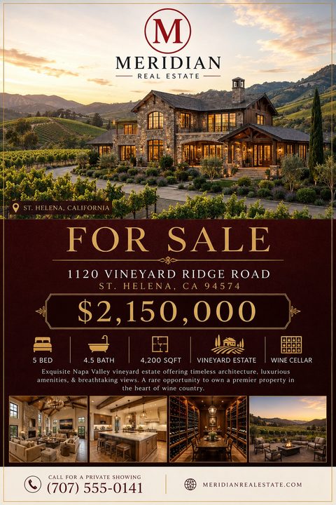 Elegant real estate flyer featuring a large photo of a stone vineyard estate at sunset. Below, a burgundy section with gold text displays the price, details, and four smaller interior photos.