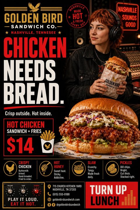 A bold, black and red flyer featuring a woman in a music studio holding a chicken sandwich, a massive close-up of a hot chicken sandwich, ingredient icons, and edgy typography.