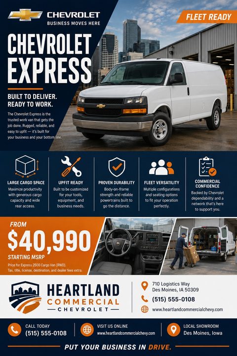 A commercial vehicle sales flyer featuring a large white work van parked in an industrial setting. The flyer includes sections for vehicle features, pricing, interior photos, and dealership contact information.