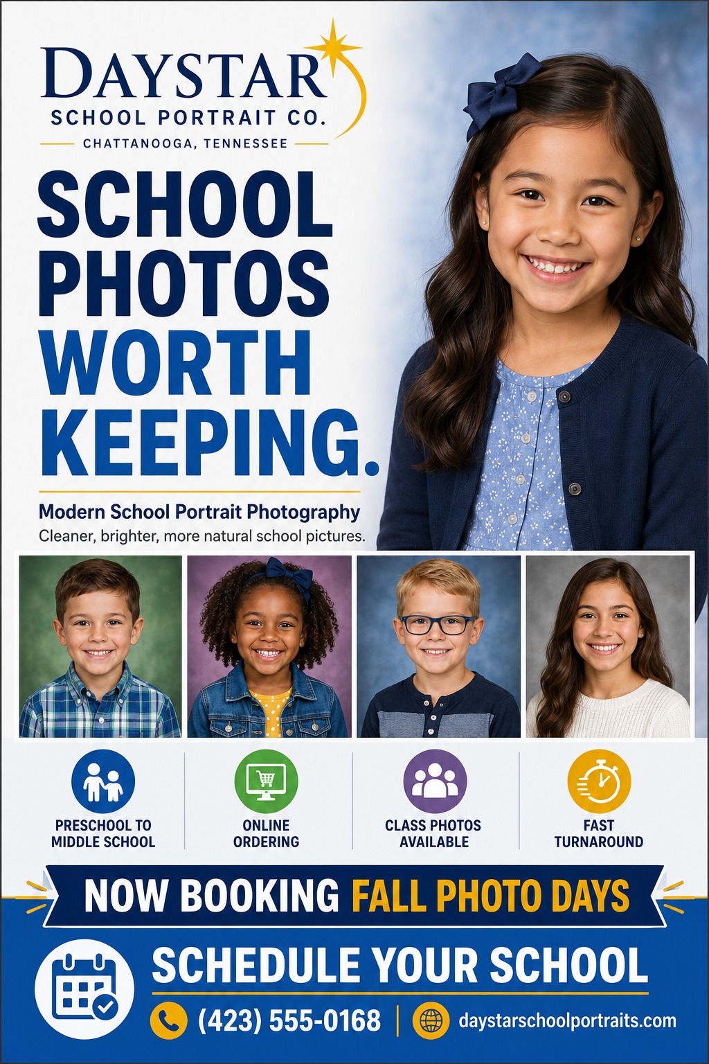 A flyer for Daystar School Portrait Co. titled 'School Photos Worth Keeping.' It features a large photo of a smiling girl, four smaller photos of other children, and icons for preschool to middle school, online ordering, class photos, and fast.