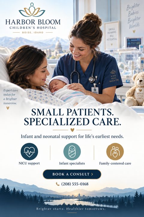 A flyer for a children's hospital featuring a smiling nurse looking at a mother holding her newborn baby in a hospital bed. The text reads 'Small Patients. Specialized Care.' with icons for NICU support, infant specialists, and family-centered care.