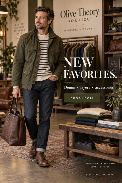 Menswear boutique flyer template featuring a man in a green jacket and jeans holding a leather bag in a clothing store. Text reads 'New Favorites. Denim, layers, accessories. Shop Local.'