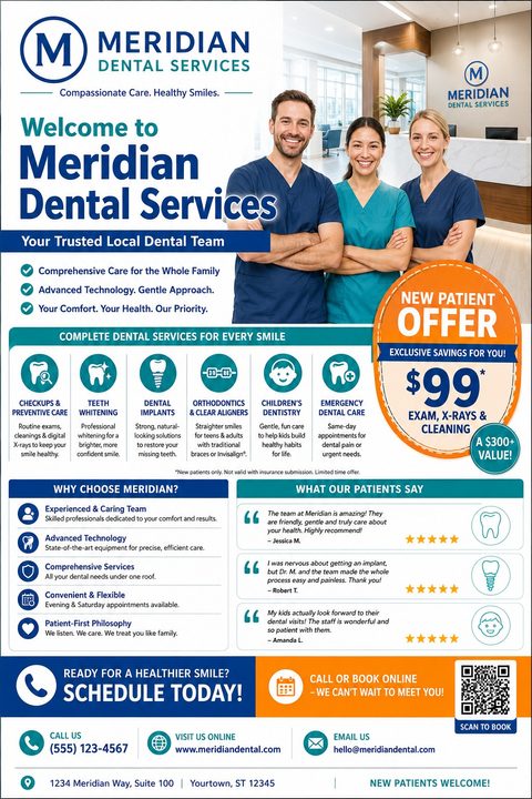 Dental clinic flyer template with a photo of three smiling dental professionals in scrubs. Features sections for services, testimonials, a new patient offer, and contact information, using a blue and orange color scheme.