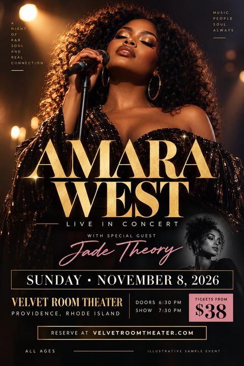 Concert flyer template featuring a large photo of a female singer performing, with large gold text reading 'Amara West Live in Concert' and details for a special guest, date, time, venue, and ticket price.