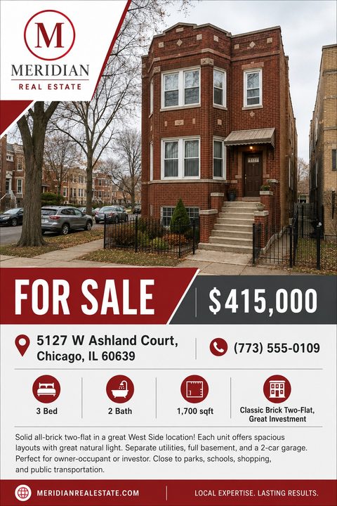Real estate flyer template with a large photo of a brick two-flat building. Bold red 'FOR SALE' text and price. Includes property details, icons for beds and baths, and agent contact info.