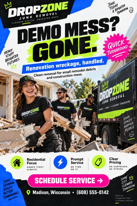 A bold junk removal flyer featuring a photo of three smiling workers carrying construction debris. It uses large black text, bright neon green and pink accents, and includes service icons and contact details.