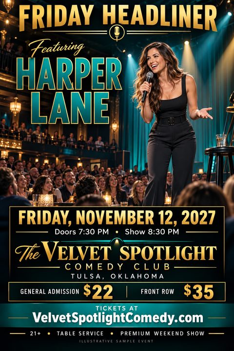 A comedy club flyer template featuring a female comedian performing on stage to a crowd. The design uses elegant gold and teal typography on a dark background with event details and ticket prices.