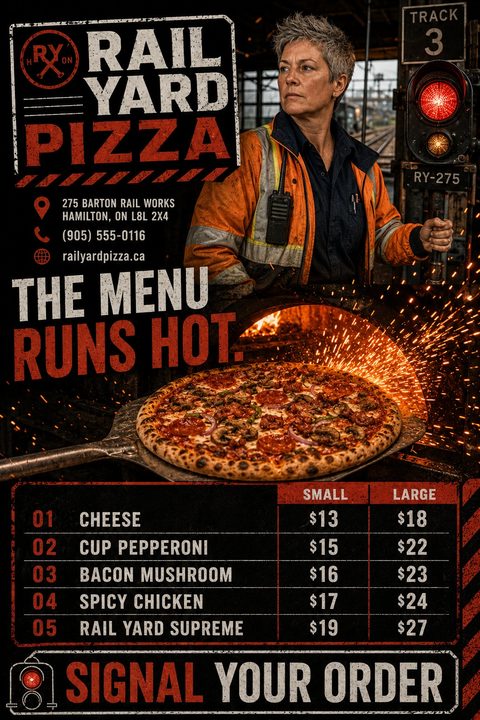 A gritty, industrial-themed pizza menu flyer. The top shows a rail worker and a fiery pizza oven. The bottom features a dark menu board with red accents listing pizza options and prices.