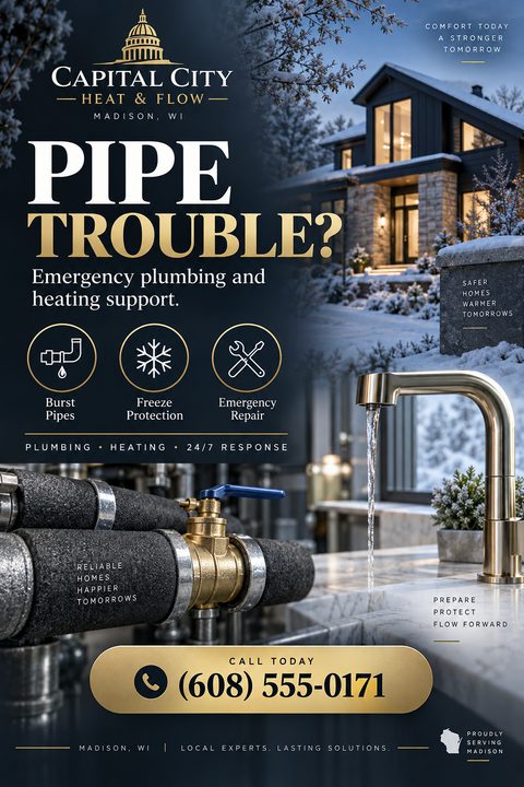 A flyer for emergency plumbing and heating support, featuring images of a snowy house, a running faucet, and insulated pipes. The text reads 'Pipe Trouble?' and lists services like burst pipes, freeze protection, and emergency repair.