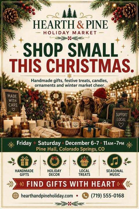 Flyer for Hearth & Pine Holiday Market. Text reads 'Shop Small This Christmas.' Features a photo of two women shopping at a festive outdoor market stall with candles and wrapped gifts. Includes event details, icons for handmade gifts, holiday decor.