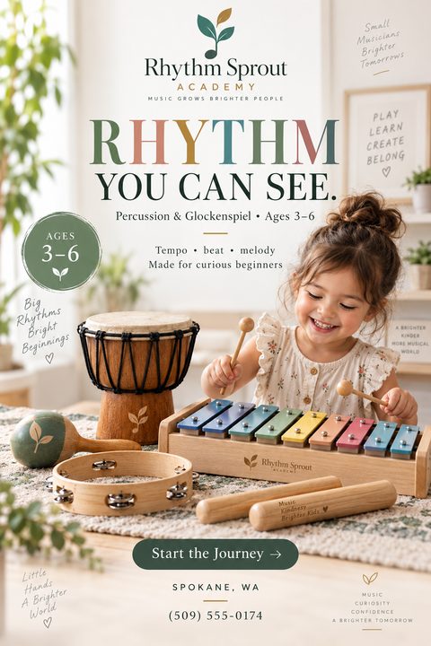 A flyer for a kids' music academy featuring a smiling young girl playing a colorful wooden glockenspiel. The design uses soft pastel colors, elegant typography, and includes a drum, tambourine, and maraca.