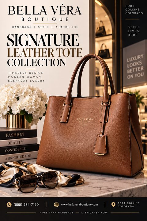 A sophisticated fashion boutique flyer featuring a large photo of a brown leather tote bag on a marble counter alongside sunglasses, a silk scarf, books, and white flowers. Elegant serif typography highlights the collection.