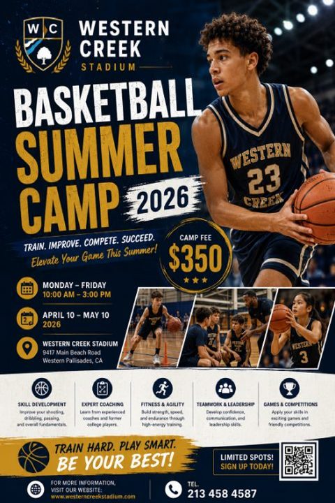 A navy blue and gold basketball summer camp flyer featuring a large photo of a player holding a basketball, smaller photos of kids practicing, camp details, pricing, schedule, and a QR code.