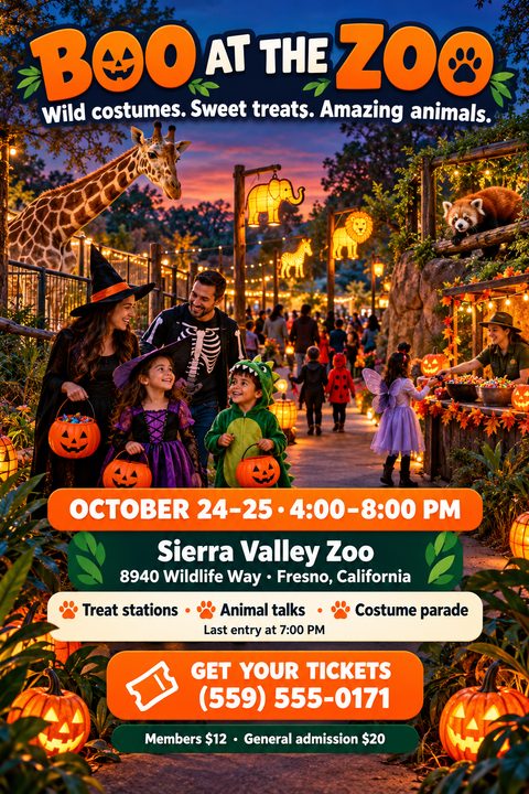 A flyer for a 'Boo at the Zoo' event. The background shows a family in Halloween costumes walking through a zoo at dusk, with a giraffe and red panda visible. Animal-shaped lanterns hang above. Text details the event dates, times, location.